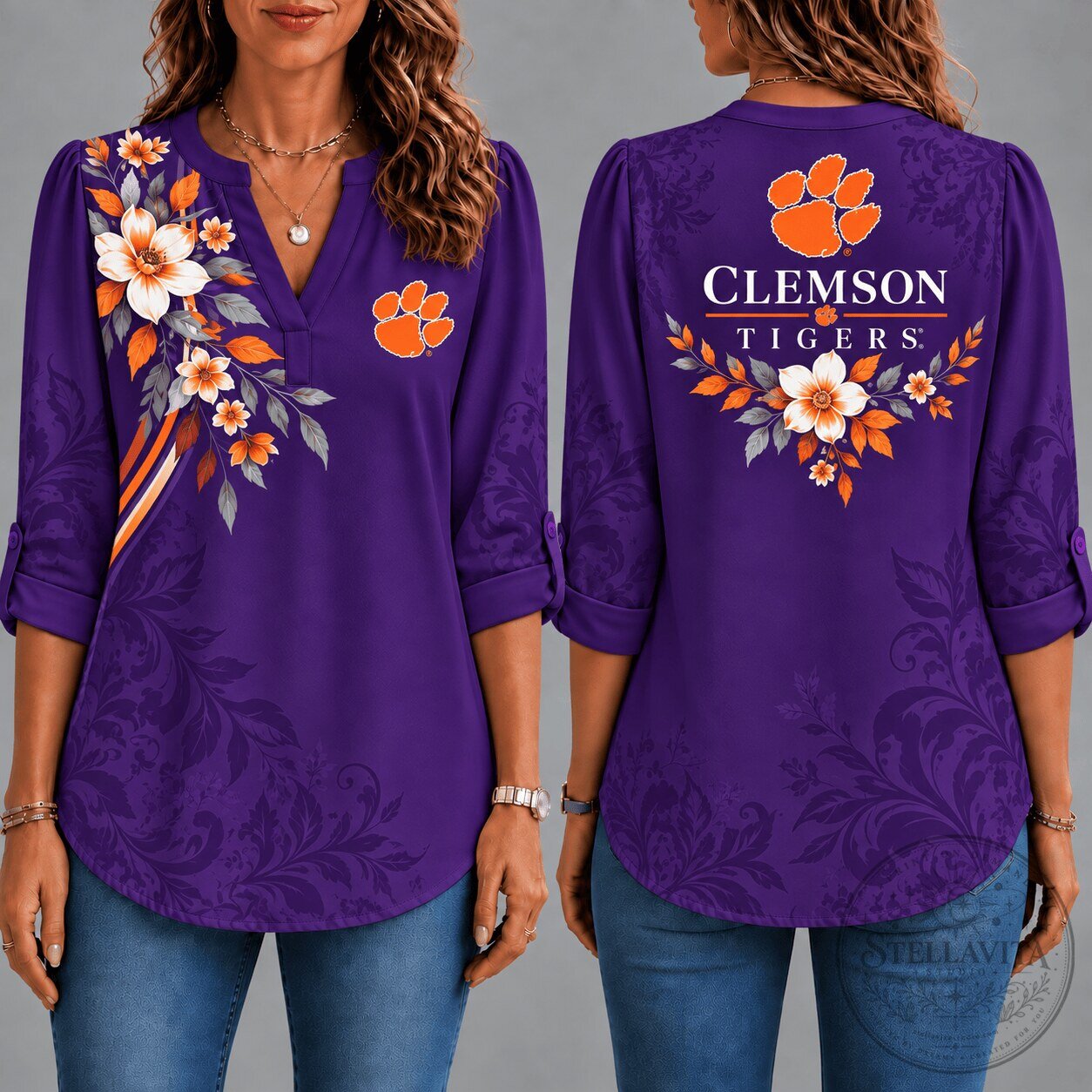 Clemson Tigers Floral Pattern Women's V-Neck Long Sleeve Shirt